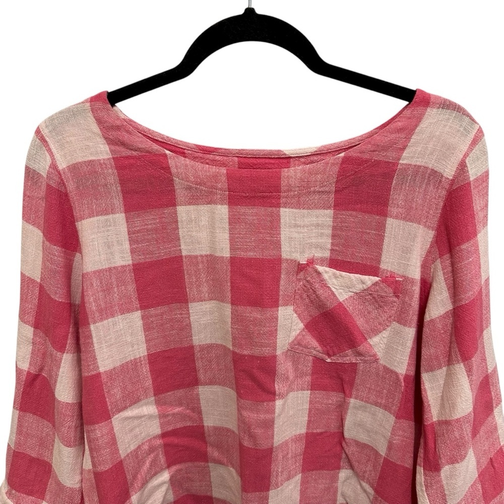 Orvis pink and white checkered plaid linen blend top buttons on back Medium - Picture 4 of 11